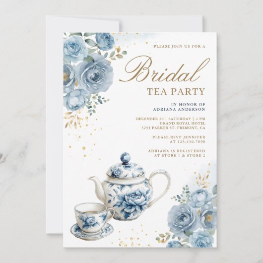 Dusty Blue Floral Tea Party QR Code Vrijgezellenfe Kaart (Voorkant)