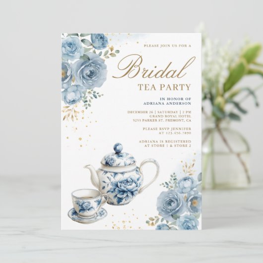 Dusty Blue Floral Tea Party QR Code Vrijgezellenfe Kaart (Staand voorkant)