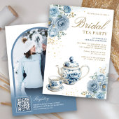 Dusty Blue Floral Tea Party QR Code Vrijgezellenfe Kaart
