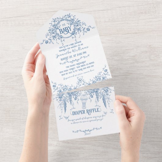 Dusty Blue Floral Teddy Bear Baby shower All In One Uitnodiging (Afscheurbaar)