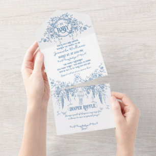 Dusty Blue Floral Teddy Bear Baby shower All In One Uitnodiging