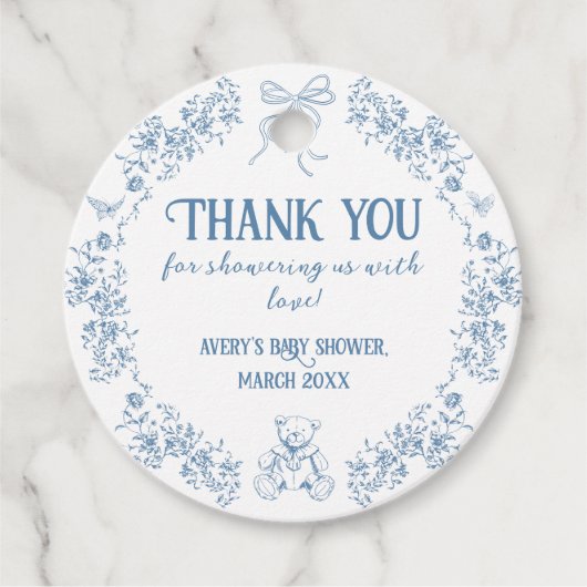 Dusty Blue Floral  Teddy Bear Baby shower Bedankjes Labels (Voorkant)