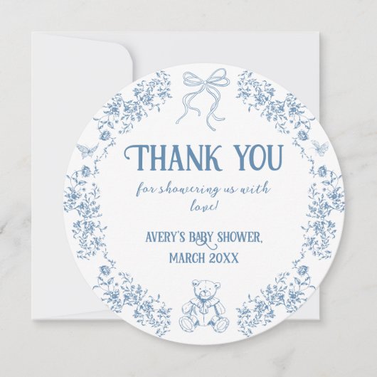 Dusty Blue Floral  Teddy Bear Baby shower Kaart (Voorkant)