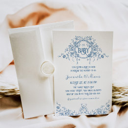 Dusty Blue Floral Teddy Bear Baby shower Kaart