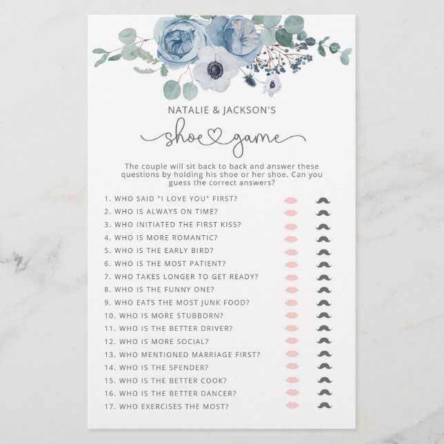 Dusty blue floral The bruiloft shoe game (Voorkant)