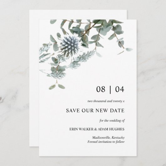 Dusty Blue Floral Thistle Wedding Uitstel Save The Date (Voorkant / Achterkant)
