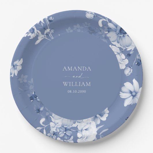 Dusty Blue Floral Trouwpapier Bord (Voorkant)