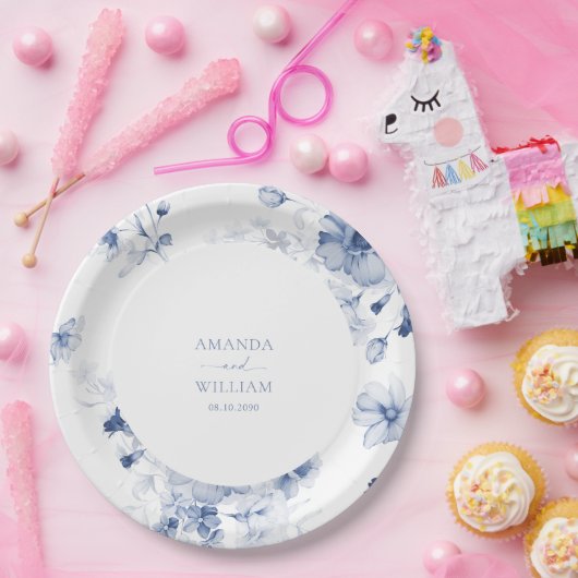 Dusty Blue Floral Trouwpapier Bord (Feest)
