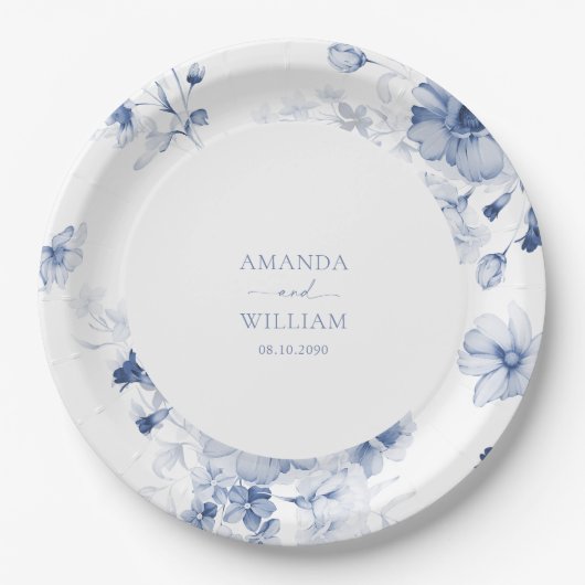 Dusty Blue Floral Trouwpapier Bord (Voorkant)