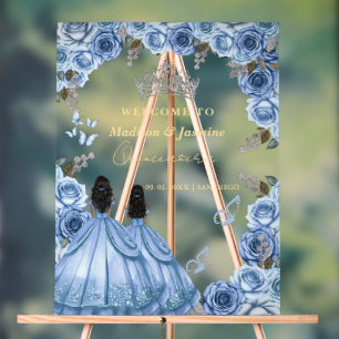 Dusty Blue Floral Twin Quinceañera Welkomstbord Acryl Bord