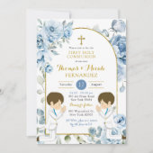 Dusty Blue Floral Twins Jongen Bidden Heilige Comm Kaart (Voorkant)