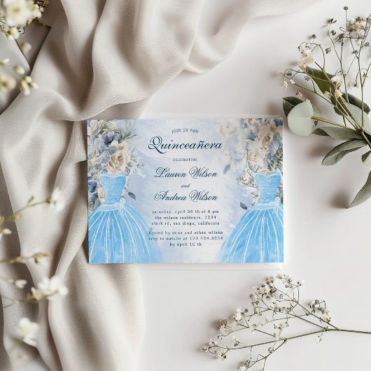 Dusty Blue Floral Twins Quinceañera uitnodiging