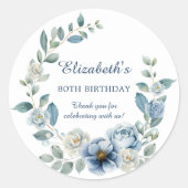 Dusty Blue Floral Verjaardag Bedankt Ronde Sticker (Voorkant)