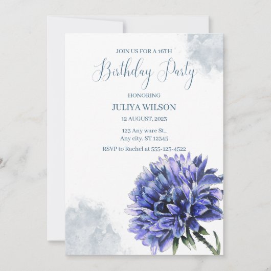 Dusty Blue Floral verjaardagsfeestje Kaart (Voorkant)