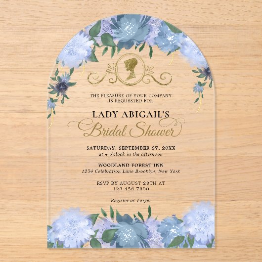 Dusty Blue Floral Victoriaans Vrijgezellenfeest Ar Acryl Uitnodigingen (Voorkant)