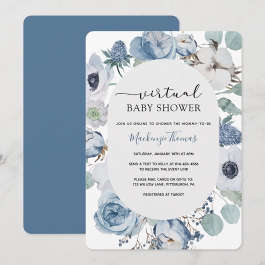 Dusty Blue Floral Virtual Baby shower Invitation Kaart (Voorkant / Achterkant)