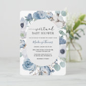 Dusty Blue Floral Virtual Baby shower Invitation Kaart (Staand voorkant)