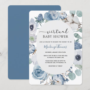 Dusty Blue Floral Virtual Baby shower Invitation Kaart