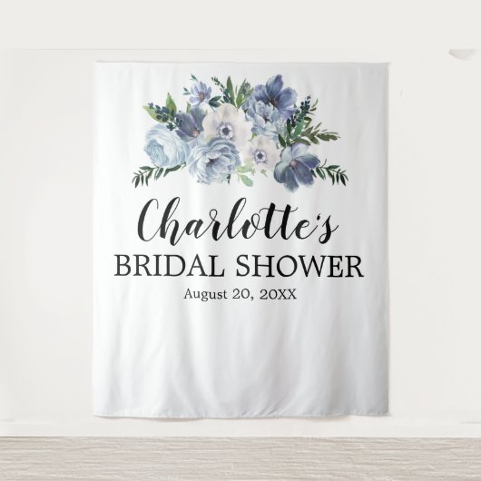 Dusty Blue Floral Vrijgezellenfeest Wandkleed (Voorkant)