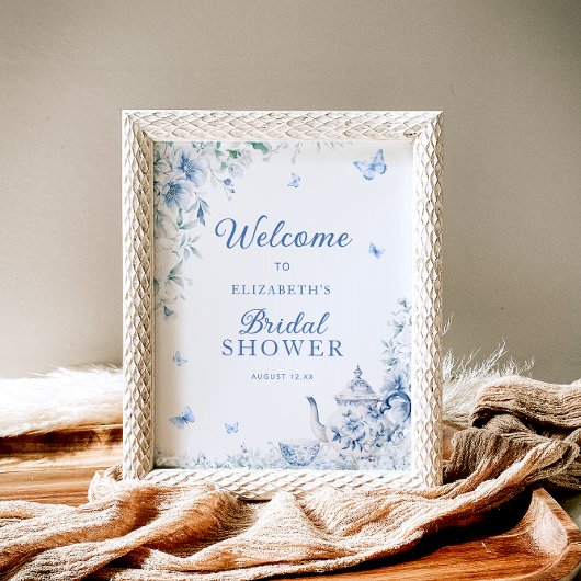 Dusty Blue Floral Vrijgezellenfeest Welkom Poster