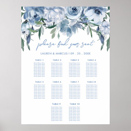Dusty Blue Floral Vrijgezellenfeest Zitkaart Teken Poster (Voorkant)