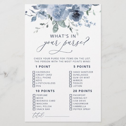 Dusty Blue Floral Wat zit er in je Purse Game (Voorkant)
