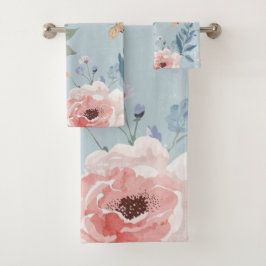Dusty Blue Floral Watercolor Garden Pink Blooms Bad Handdoek