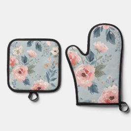 Dusty Blue Floral Watercolor Garden Pink Blooms Ovenwant & Pannenlap Set