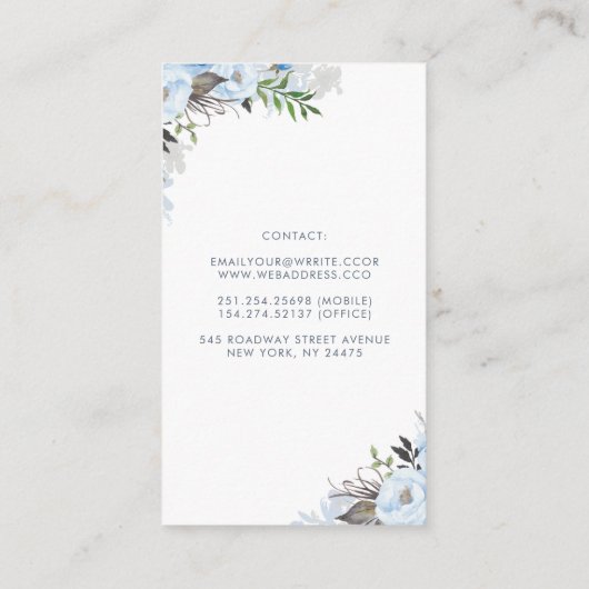 Dusty Blue Floral Waterverf Elegant Visitekaartje (Achterkant)
