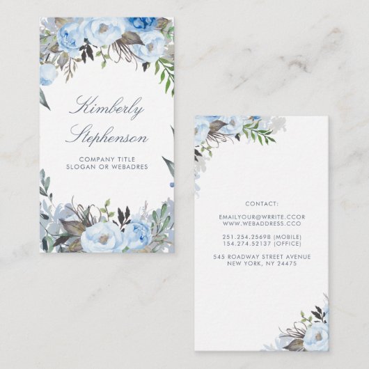 Dusty Blue Floral Waterverf Elegant Visitekaartje (Voorkant / Achterkant)