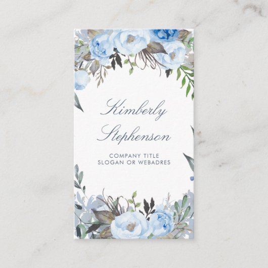 Dusty Blue Floral Waterverf Elegant Visitekaartje (Voorkant)
