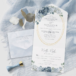 Dusty Blue Floral Waterverf Elegant Wedding All In One Uitnodiging