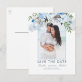 Dusty Blue Floral Waterverf Foto de datum opslaan Aankondigingskaart (Voorkant / Achterkant)