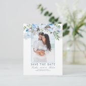 Dusty Blue Floral Waterverf Foto de datum opslaan Aankondigingskaart (Staand voorkant)