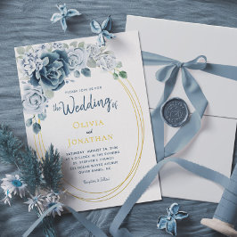 Dusty Blue Floral Waterverf Gold Foil Wedding Folie Uitnodiging