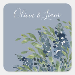 Dusty Blue Floral Waterverf Modern Script Wedding Vierkante Sticker