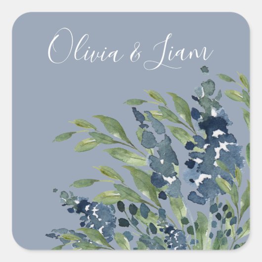 Dusty Blue Floral Waterverf Modern Script Wedding Vierkante Sticker (Voorkant)
