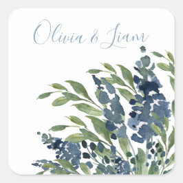 Dusty Blue Floral Waterverf Modern Script Wedding Vierkante Sticker