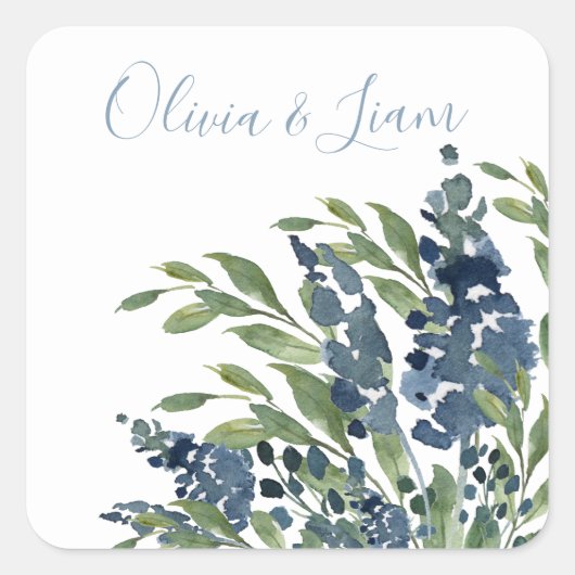 Dusty Blue Floral Waterverf Modern Script Wedding Vierkante Sticker (Voorkant)