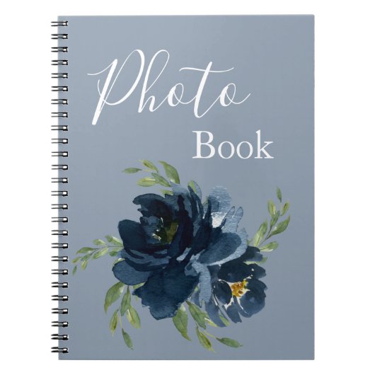 Dusty Blue Floral Waterverf Moderne Script Foto Notitieboek (Voorkant)