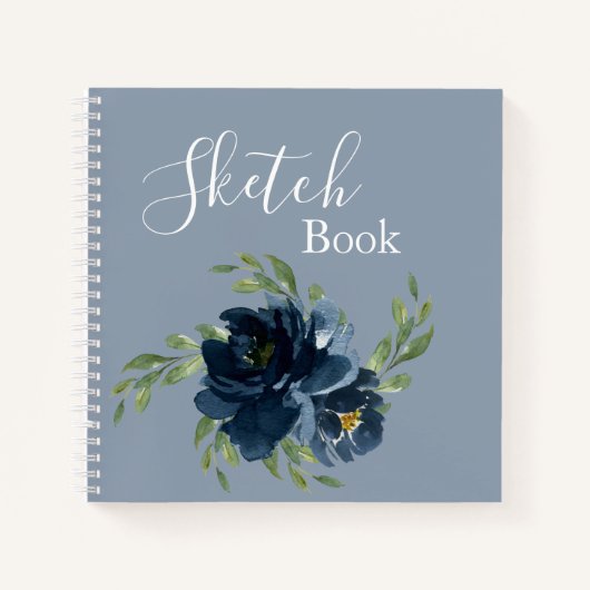 Dusty Blue Floral Waterverf Moderne Script Sketch Notitieboek (Voorkant)