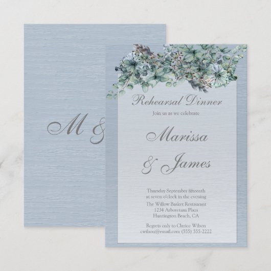 Dusty Blue Floral Waterverf Rehearsal Dinner Kaart (Voorkant / Achterkant)