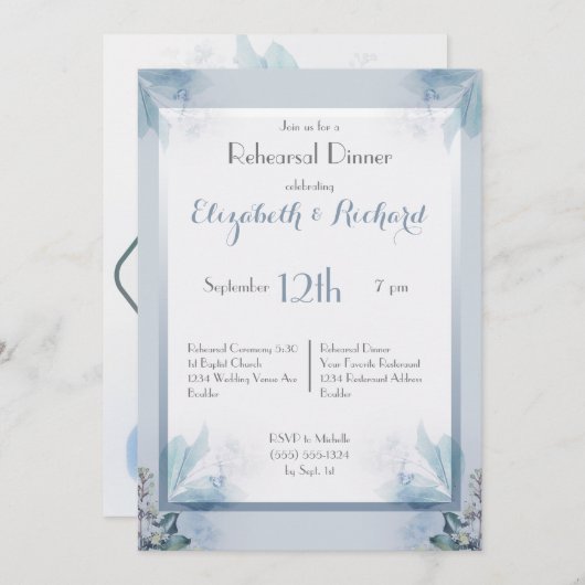 Dusty Blue Floral Waterverf Rehearsal Dinner Kaart (Voorkant / Achterkant)
