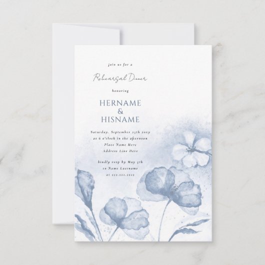 Dusty Blue Floral Waterverf repetitie diner Kaart (Voorkant)