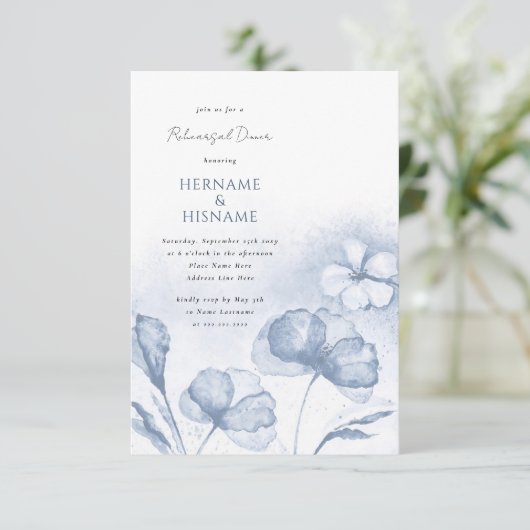 Dusty Blue Floral Waterverf repetitie diner Kaart (Staand voorkant)