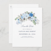 Dusty Blue Floral Waterverf Save the Date Aankondigingskaart (Voorkant / Achterkant)