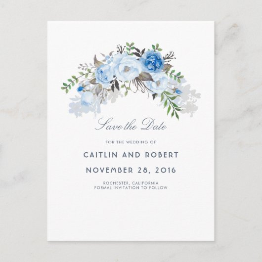 Dusty Blue Floral Waterverf Save the Date Aankondigingskaart (Voorkant)