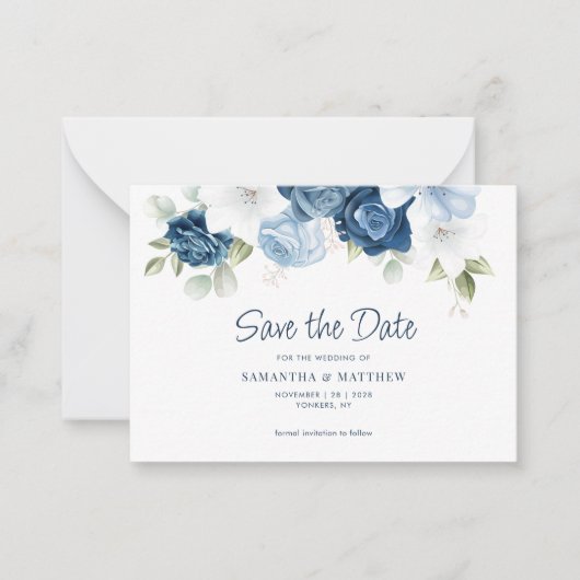 Dusty Blue Floral Waterverf Save the Date Notitiekaartje (Voorkant)