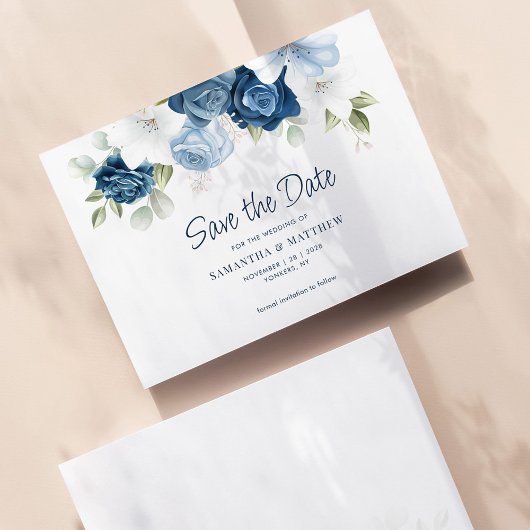 Dusty Blue Floral Waterverf Save the Date Notitiekaartje