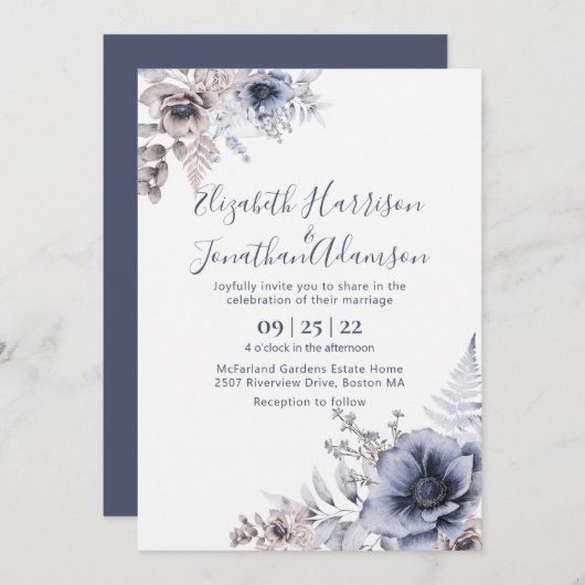 Dusty Blue Floral Waterverf| Slate Blue Wedding Kaart (Voorkant / Achterkant)